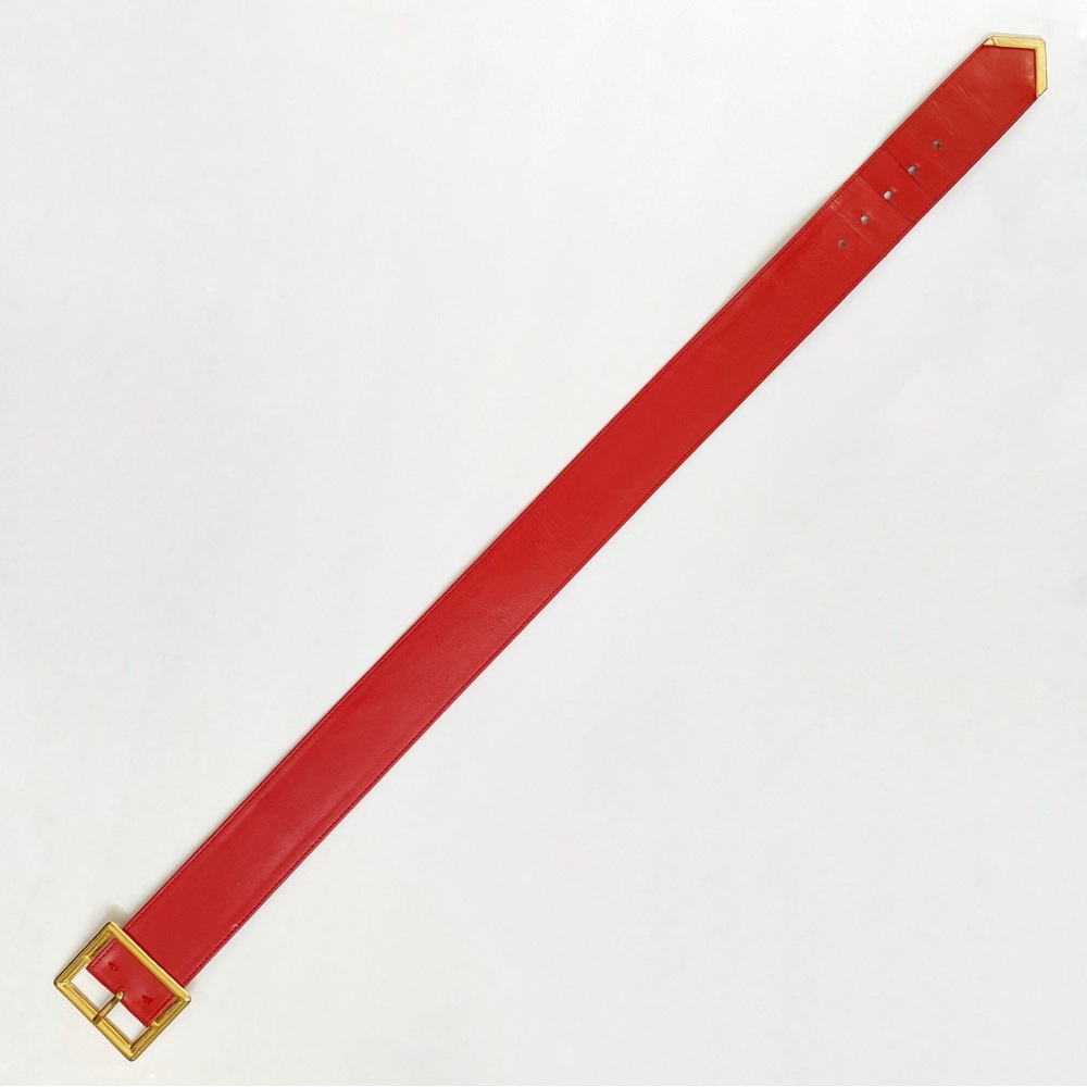 VINTAGE YVES SAINT LAURENT RED LEATHER GOLD BUCKLE BELT - Picture 5 of 9